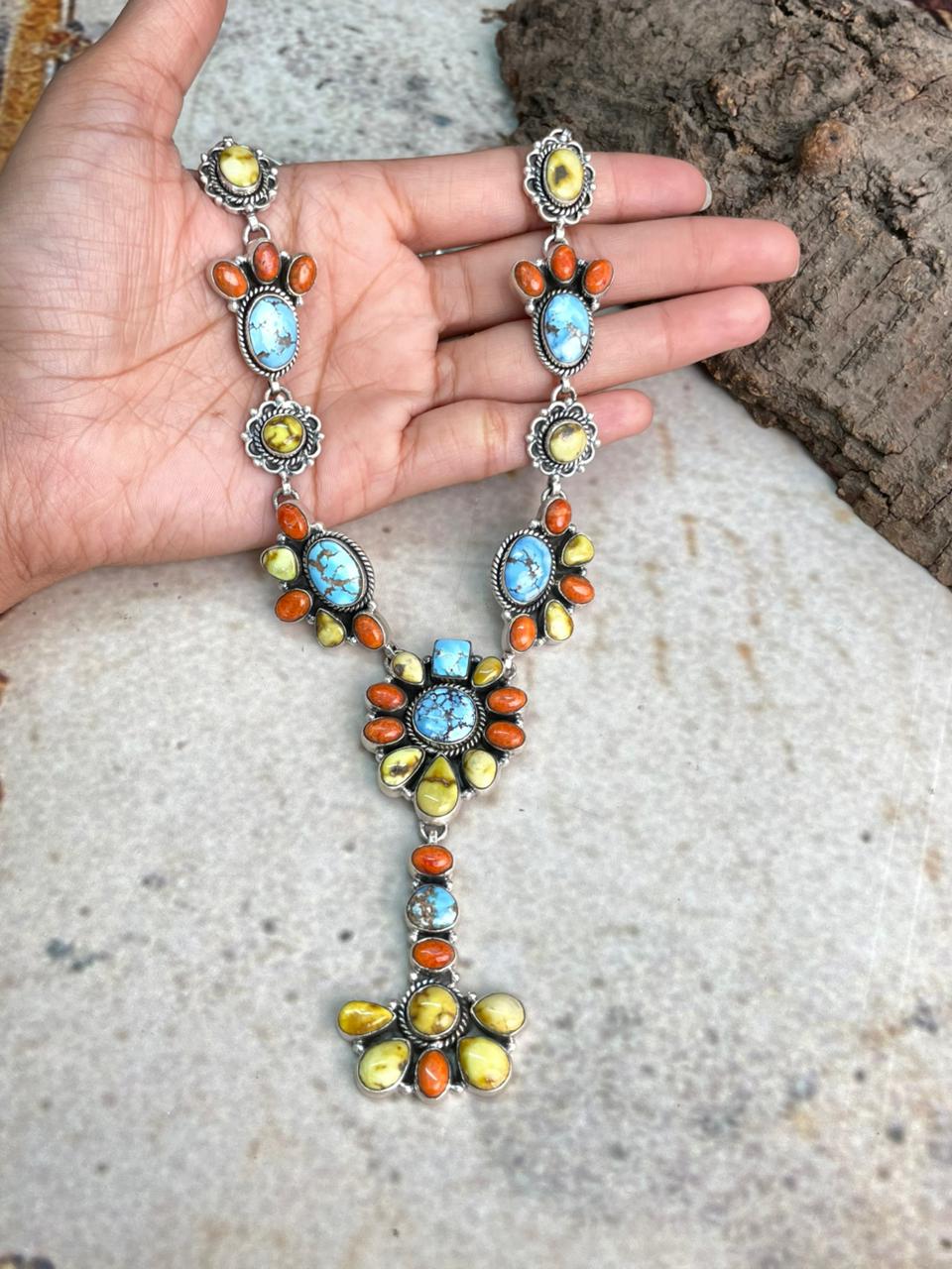 Handmade Sterling Silver Golden Hills with Orange Mojave and Palomino Turquoise Necklace "Signed Nizhoni"