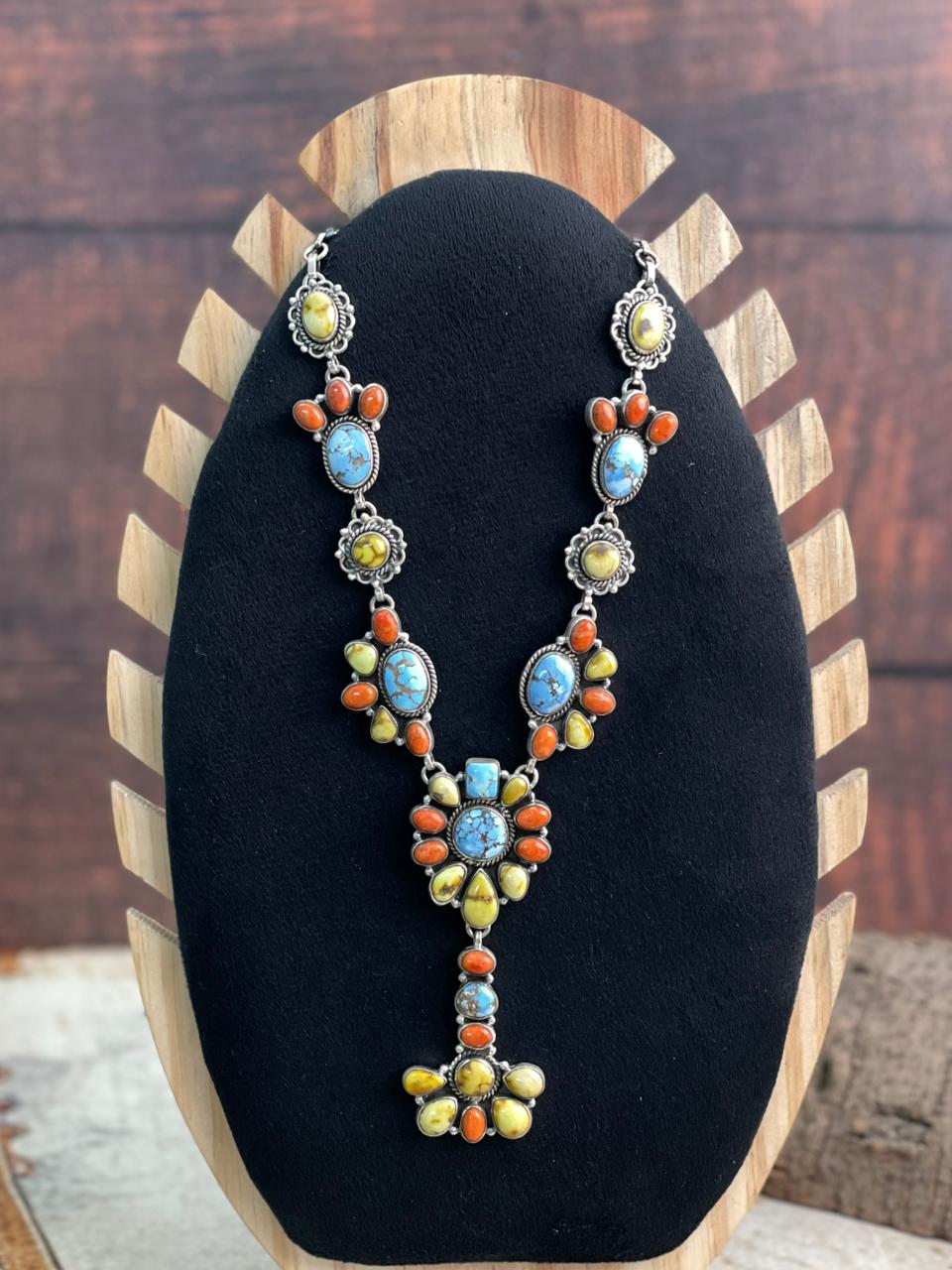 Handmade Sterling Silver Golden Hills with Orange Mojave and Palomino Turquoise Necklace "Signed Nizhoni"