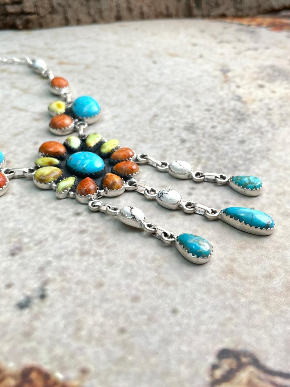 Handmade Sterling Silver Multi Stone Collection: Palomino with Orange Mojave, Wildhorse Magnesite and Arizona Blue Turquoise Necklace "Signed Nizhoni"
