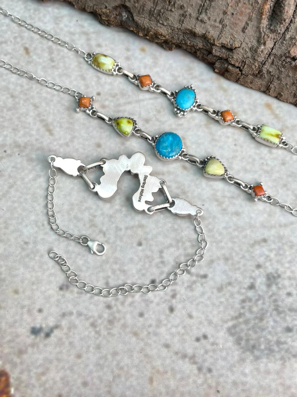 Handmade Sterling Silver Multi Stone Collection: Arizona Blue Turquoise with Orange Mojave and Palomino Turquoise Chain Bracelet "Signed Nizhoni"