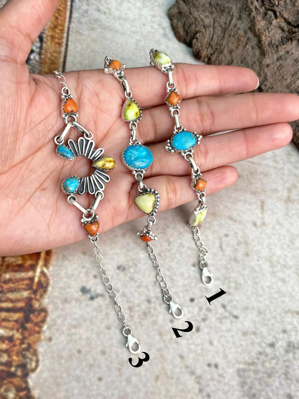 Handmade Sterling Silver Multi Stone Collection: Arizona Blue Turquoise with Orange Mojave and Palomino Turquoise Chain Bracelet "Signed Nizhoni"