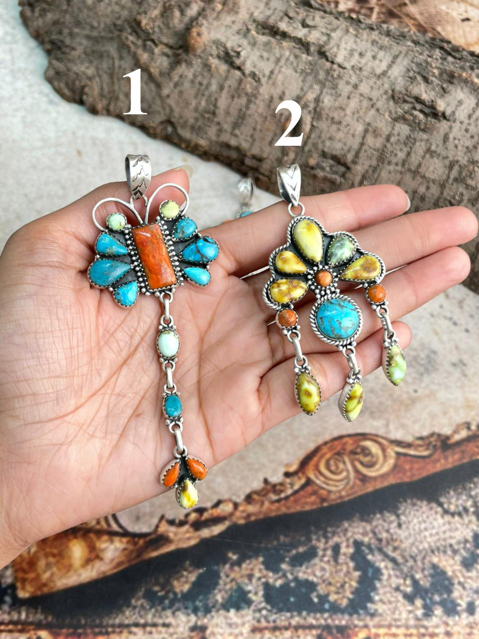Handmade Sterling Silver Multi Stone Collection: Palomino with Orange Mojave and Arizona Blue Turquoise Pendant "Signed Nizhoni"