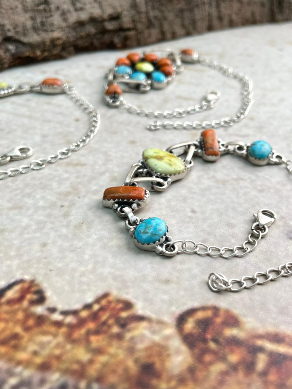 Handmade Sterling Silver Multi Stone Collection: Arizona Blue Turquoise with Orange Mojave and Palomino Turquoise Chain Bracelet "Signed Nizhoni"
