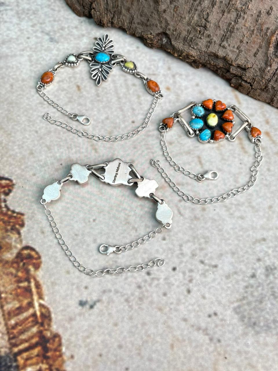 Handmade Sterling Silver Multi Stone Collection: Arizona Blue Turquoise with Orange Mojave and Palomino Turquoise Chain Bracelet "Signed Nizhoni"