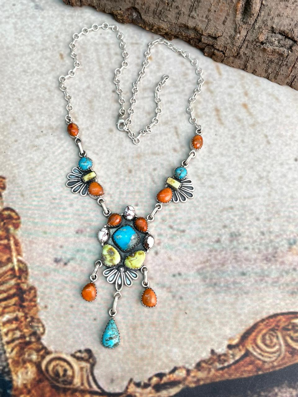 Handmade Sterling Silver Multi Stone Collection: Palomino with Orange Mojave, Wildhorse Magnesite and Arizona Blue Turquoise Necklace "Signed Nizhoni"