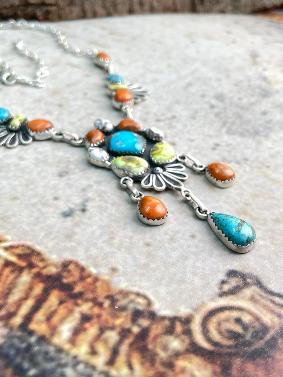 Handmade Sterling Silver Multi Stone Collection: Palomino with Orange Mojave, Wildhorse Magnesite and Arizona Blue Turquoise Necklace "Signed Nizhoni"