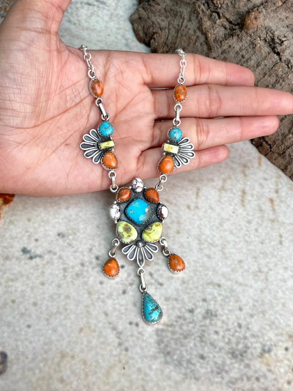 Handmade Sterling Silver Multi Stone Collection: Palomino with Orange Mojave, Wildhorse Magnesite and Arizona Blue Turquoise Necklace "Signed Nizhoni"
