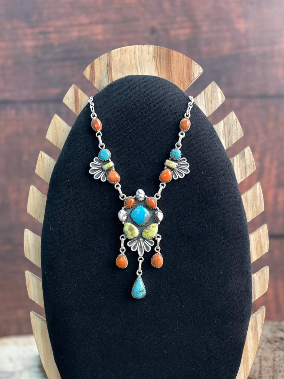 Handmade Sterling Silver Multi Stone Collection: Palomino with Orange Mojave, Wildhorse Magnesite and Arizona Blue Turquoise Necklace "Signed Nizhoni"
