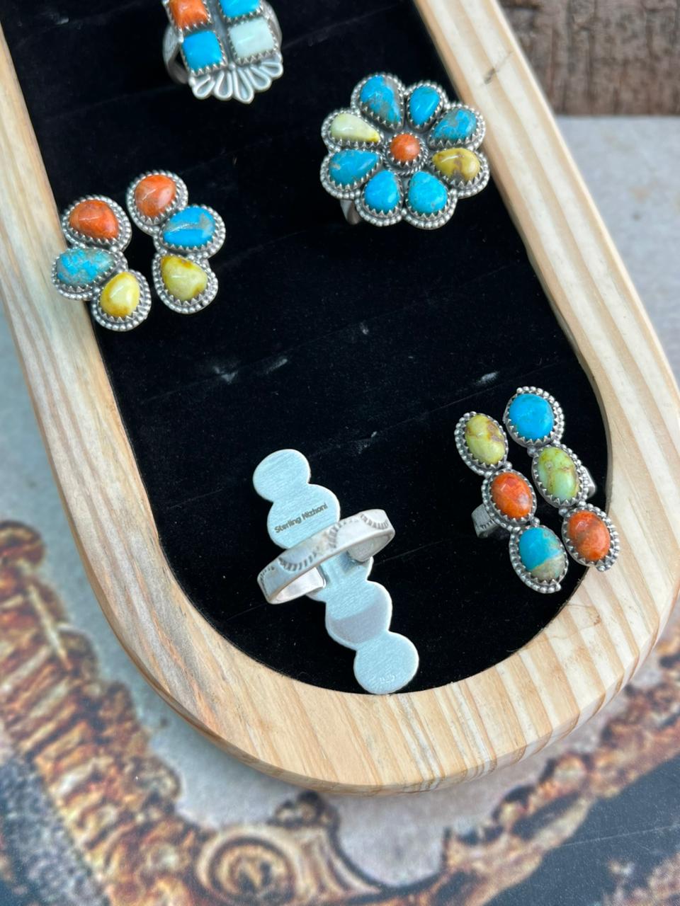 Handmade Sterling Silver Multi Stone Collection: Palomino with Orange Mojave, Wildhorse Magnesite and Arizona Blue Turquoise Adjustable Ring "Signed Nizhoni"