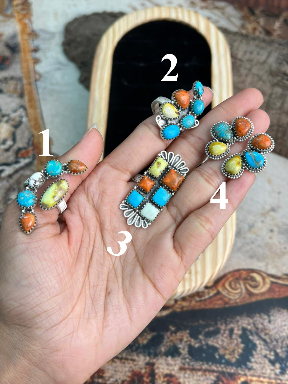 Handmade Sterling Silver Multi Stone Collection: Palomino with Orange Mojave, Wildhorse Magnesite and Arizona Blue Turquoise Adjustable Ring "Signed Nizhoni"