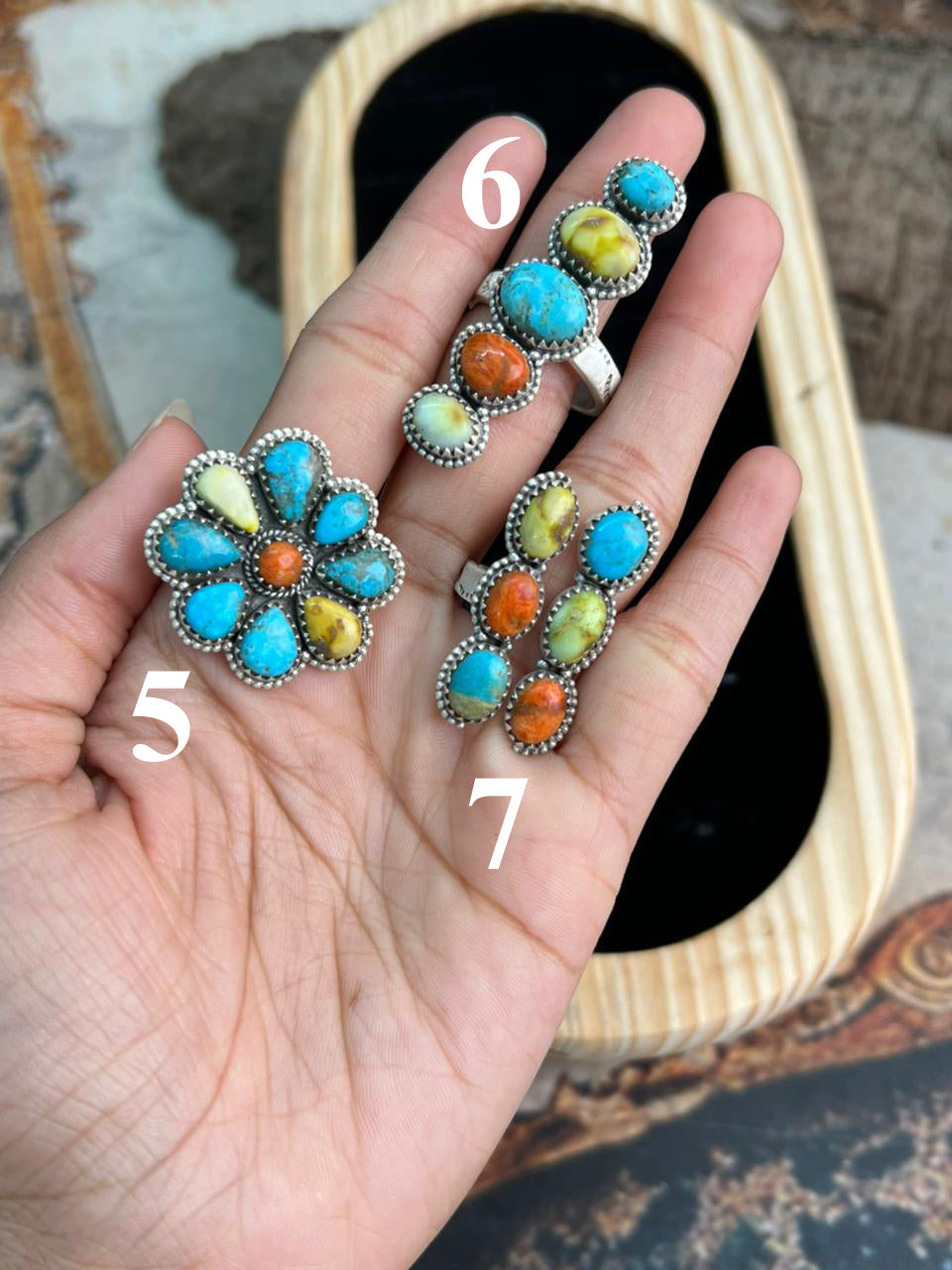 Handmade Sterling Silver Multi Stone Collection: Palomino with Orange Mojave, Wildhorse Magnesite and Arizona Blue Turquoise Adjustable Ring "Signed Nizhoni"