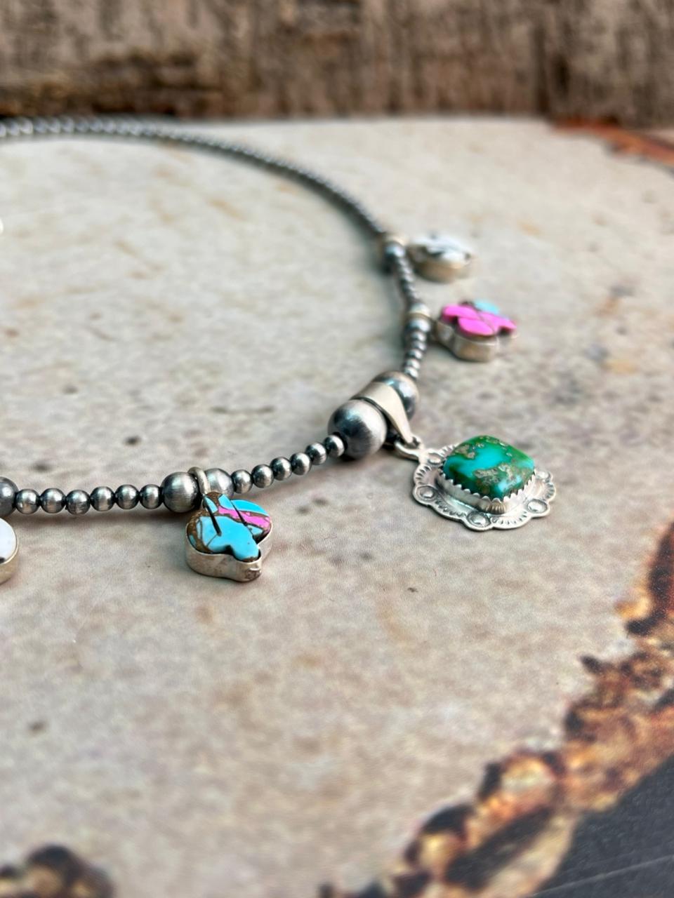 Handmade Sterling Silver Spring Collection: Sonoran Mountain with Cotton Candy and White Buffalo Beaded Necklace "Signed Nizhoni"