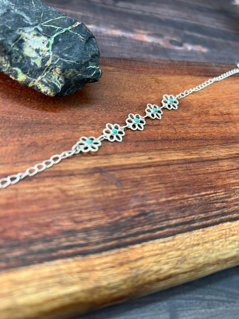 Handmade Sterling Silver Flower Collection: Kingman Turquoise Chain Bracelet