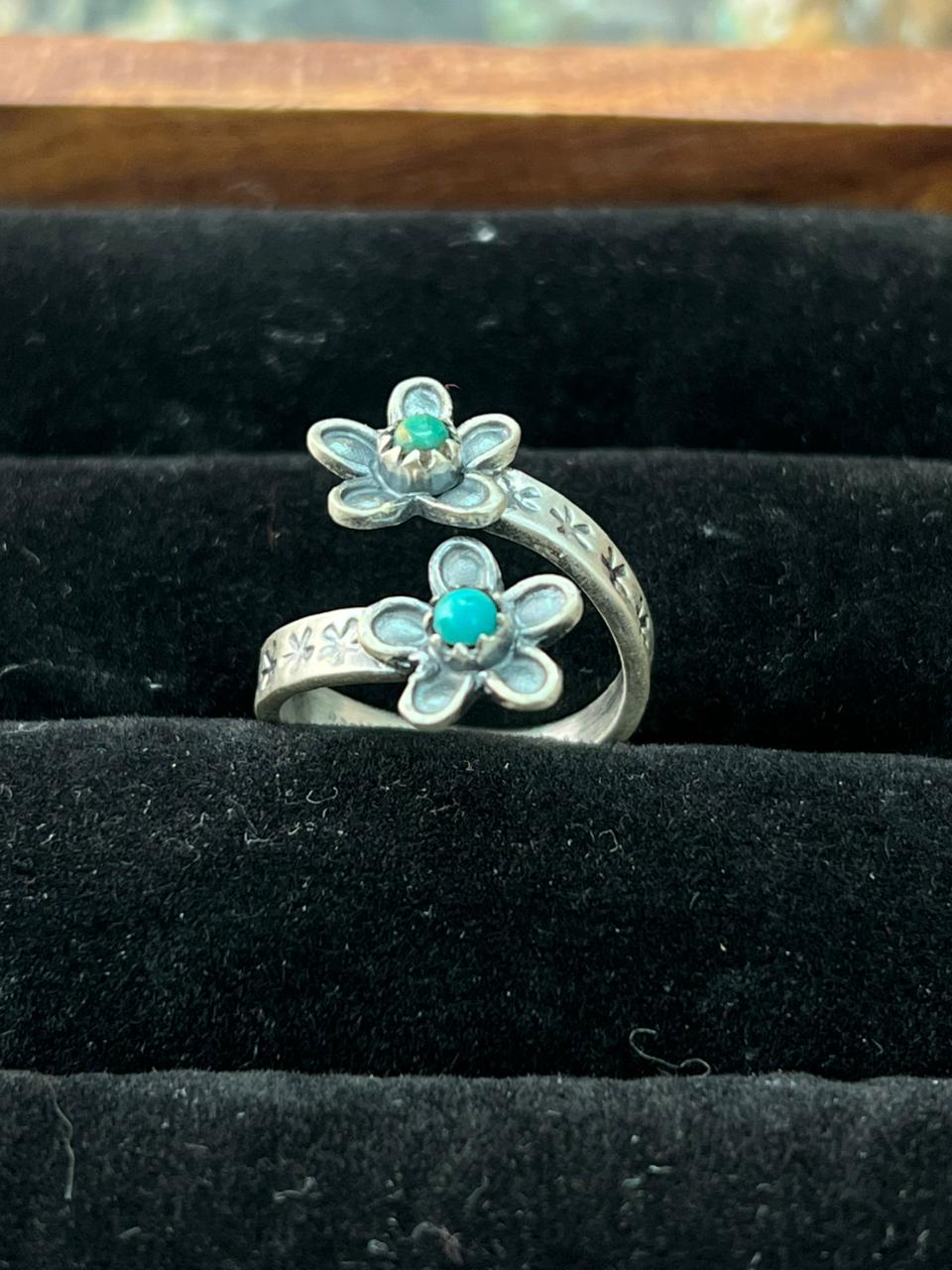Handmade Sterling Silver Flower Collection: Kingman Turquoise Adjustable Ring "Signed Nizhoni" (2)