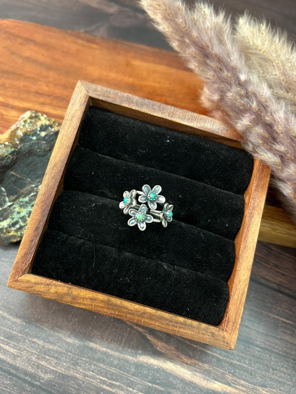 Handmade Sterling Silver Flower Collection: Kingman Turquoise Adjustable Ring "Signed Nizhoni" (3)