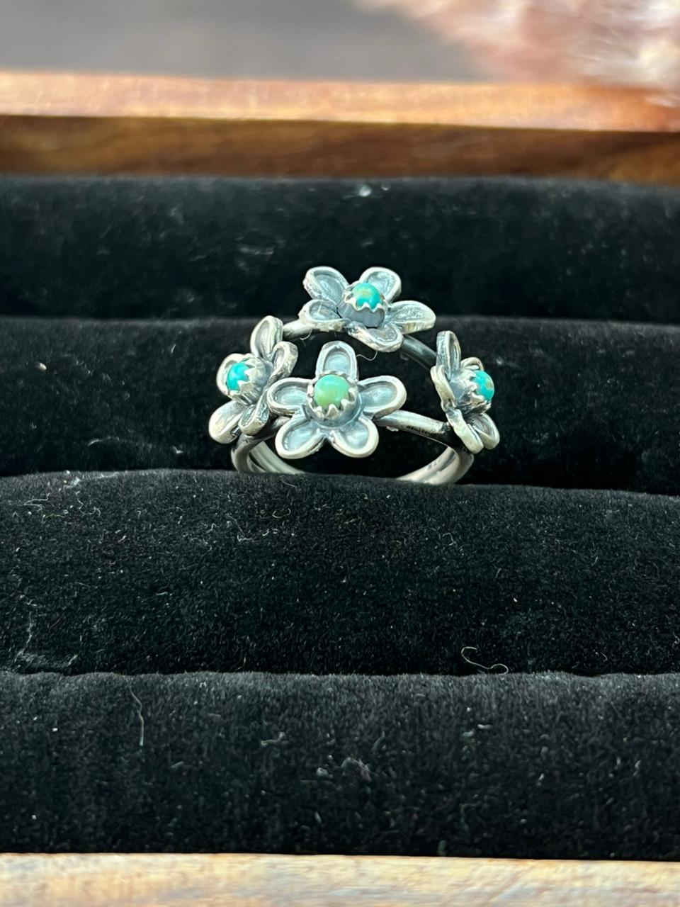 Handmade Sterling Silver Flower Collection: Kingman Turquoise Adjustable Ring "Signed Nizhoni" (3)