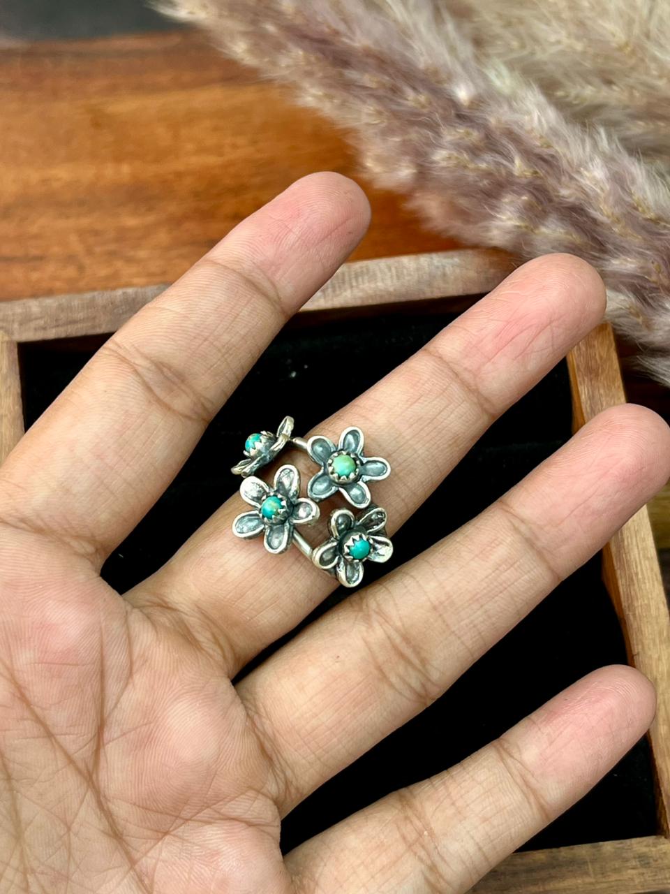 Handmade Sterling Silver Flower Collection: Kingman Turquoise Adjustable Ring "Signed Nizhoni" (3)