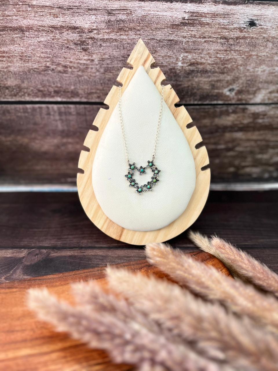 Handmade Sterling Silver Flower Collection: Kingman Turquoise Heart Necklace "Signed Nizhoni" (8)