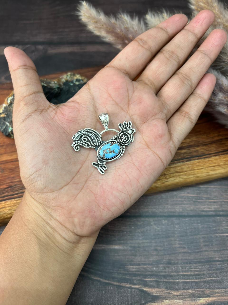 Handmade Sterling Silver Golden Hills Turquoise Rooster Pendant "Signed Nizhoni"