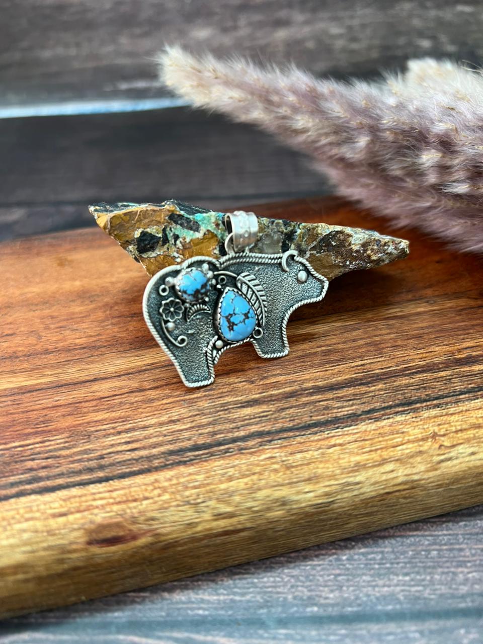 Handmade Sterling Silver Golden Hills Turquoise Bear Pendant "Signed Nizhoni"