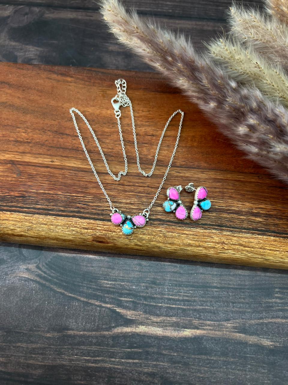 Handmade Sterling Silver Cotton Candy Necklace Earrings Set "Signed Nizhoni"