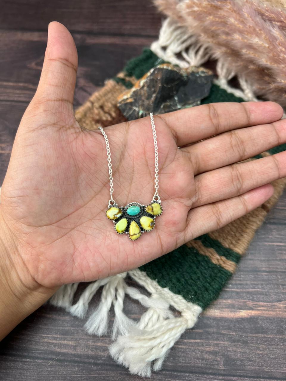 Handmade Sterling Silver Palomino with Kingman Turquoise Necklace "Signed Nizhoni"