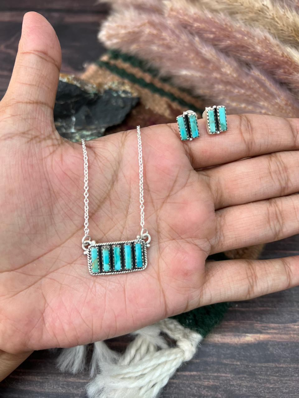 Handmade Sterling Silver Kingman Turquoise Bar Necklace Earrings Set "Signed Nizhoni"