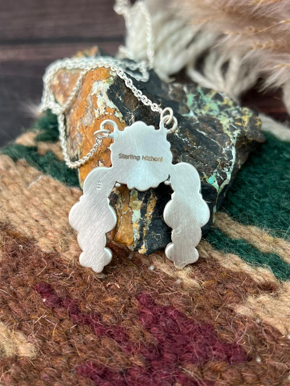Handmade Sterling Silver White Buffalo with Lapis Naja Necklace "Signed Nizhoni"