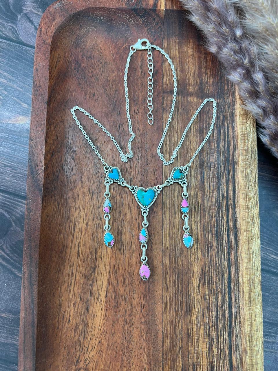 Handmade Sterling Silver Kingman Turquoise with Cotton Candy Heart Necklace "Signed Nizhoni"