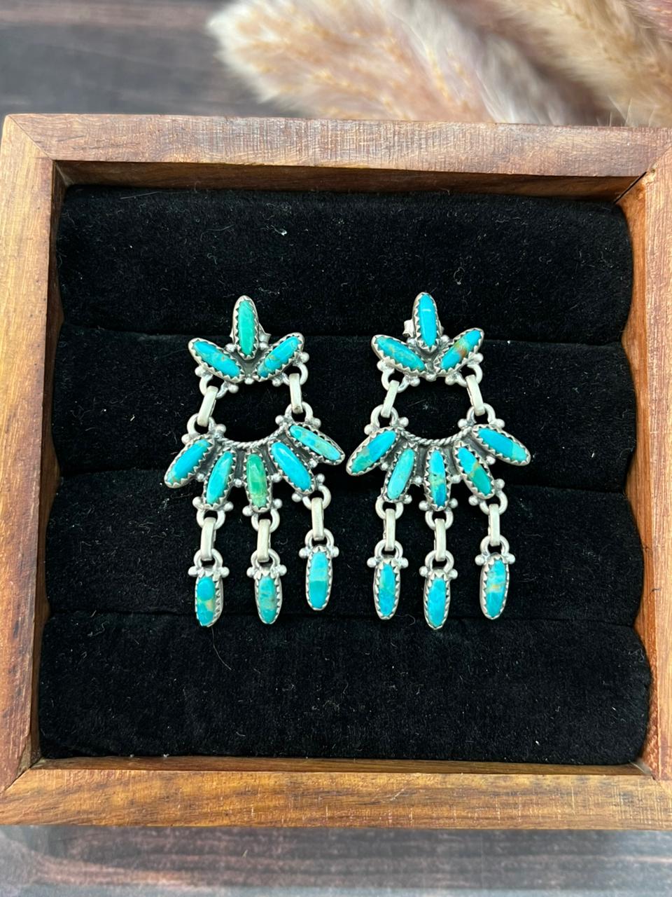 Handmade Sterling Silver Kingman Turquoise Post Dangle Earrings "Signed Nizhoni"