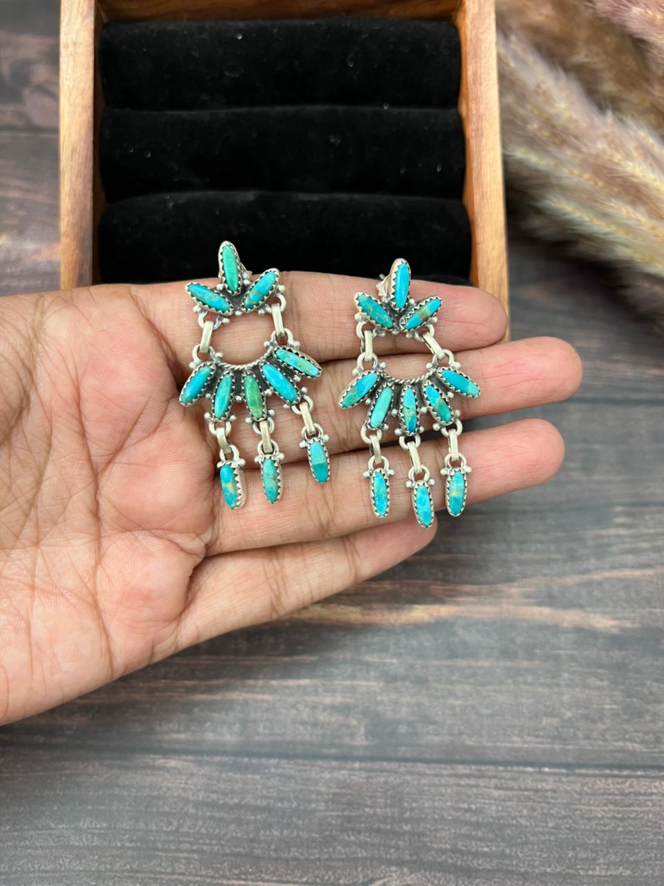 Handmade Sterling Silver Kingman Turquoise Post Dangle Earrings "Signed Nizhoni"