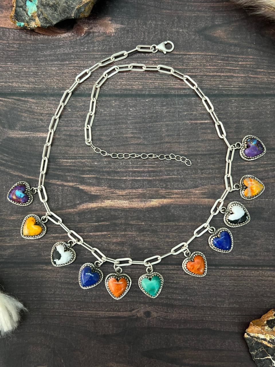 Handmade Sterling Silver White Buffalo with Lapis, Purple Copper, Bumblebee, Kingman Turquoise and Orange Mojave Heart Necklace "Signed Nizhoni"