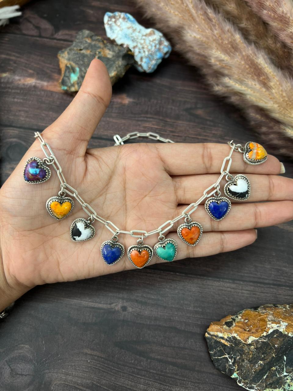 Handmade Sterling Silver White Buffalo with Lapis, Purple Copper, Bumblebee, Kingman Turquoise and Orange Mojave Heart Necklace "Signed Nizhoni"
