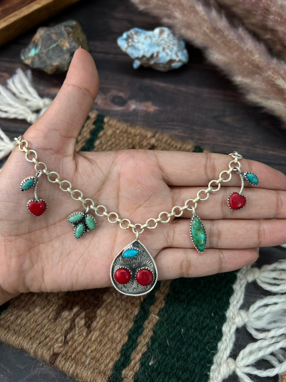 Handmade Sterling Silver Kingman with Sonoran Mountain Turquoise and Rosarita Cherry Necklace "Signed Nizhoni"