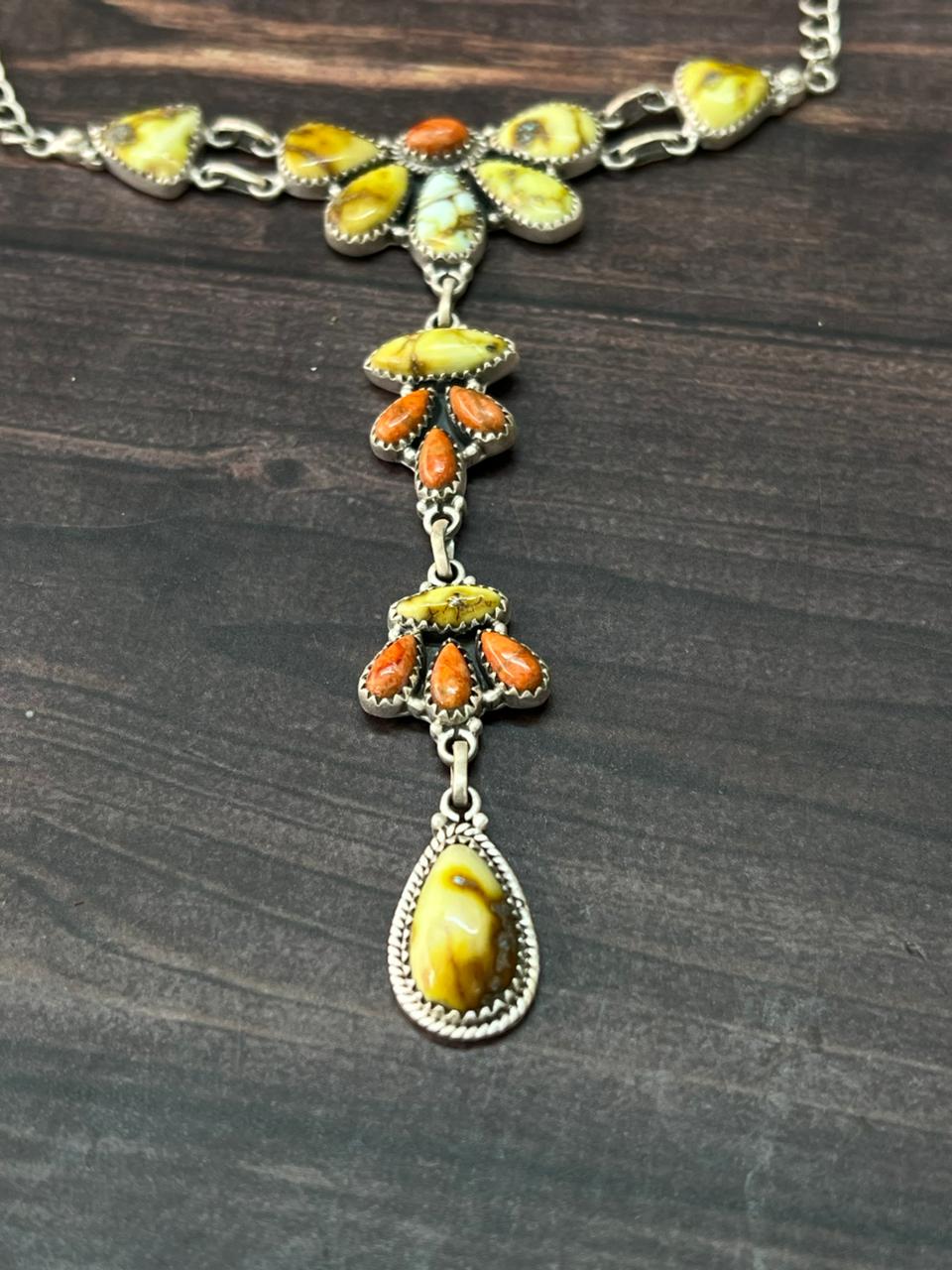Handmade Sterling Silver Palomino Turquoise with Orange Mojave Choker Necklace "Signed Nizhoni"