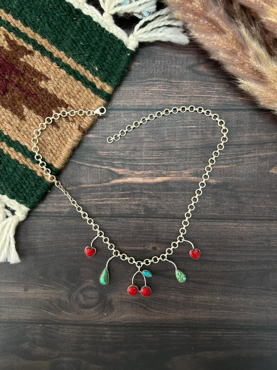 Handmade Sterling Silver Kingman with Sonoran Mountain Turquoise and Rosarita Cherry Necklace "Signed Nizhoni"