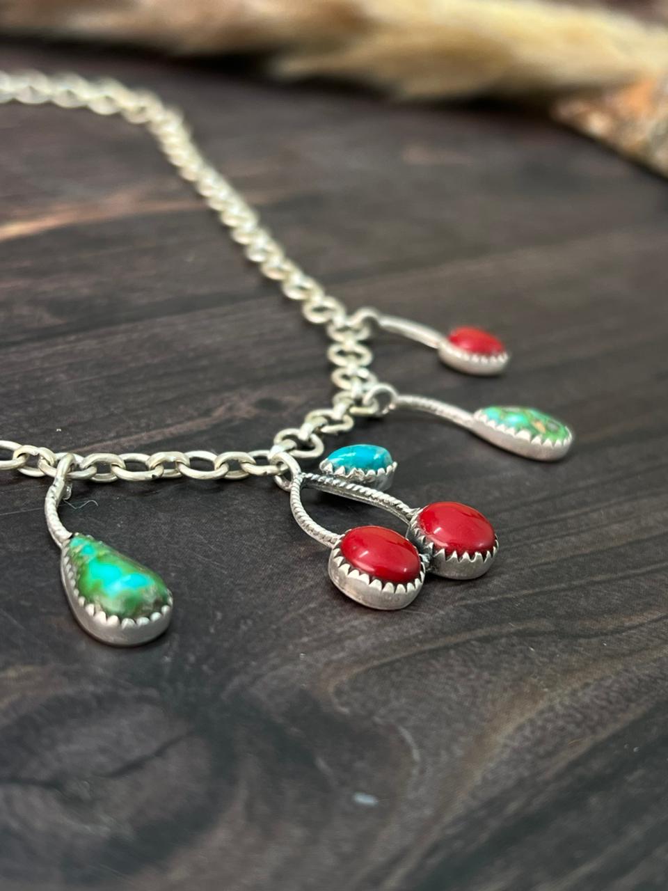 Handmade Sterling Silver Kingman with Sonoran Mountain Turquoise and Rosarita Cherry Necklace "Signed Nizhoni"