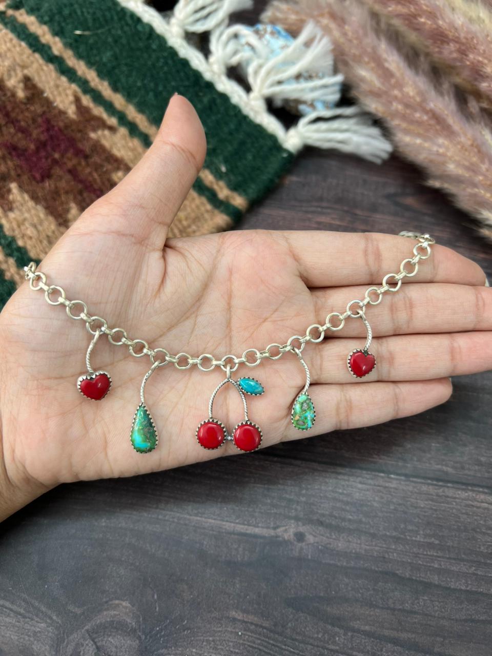 Handmade Sterling Silver Kingman with Sonoran Mountain Turquoise and Rosarita Cherry Necklace "Signed Nizhoni"