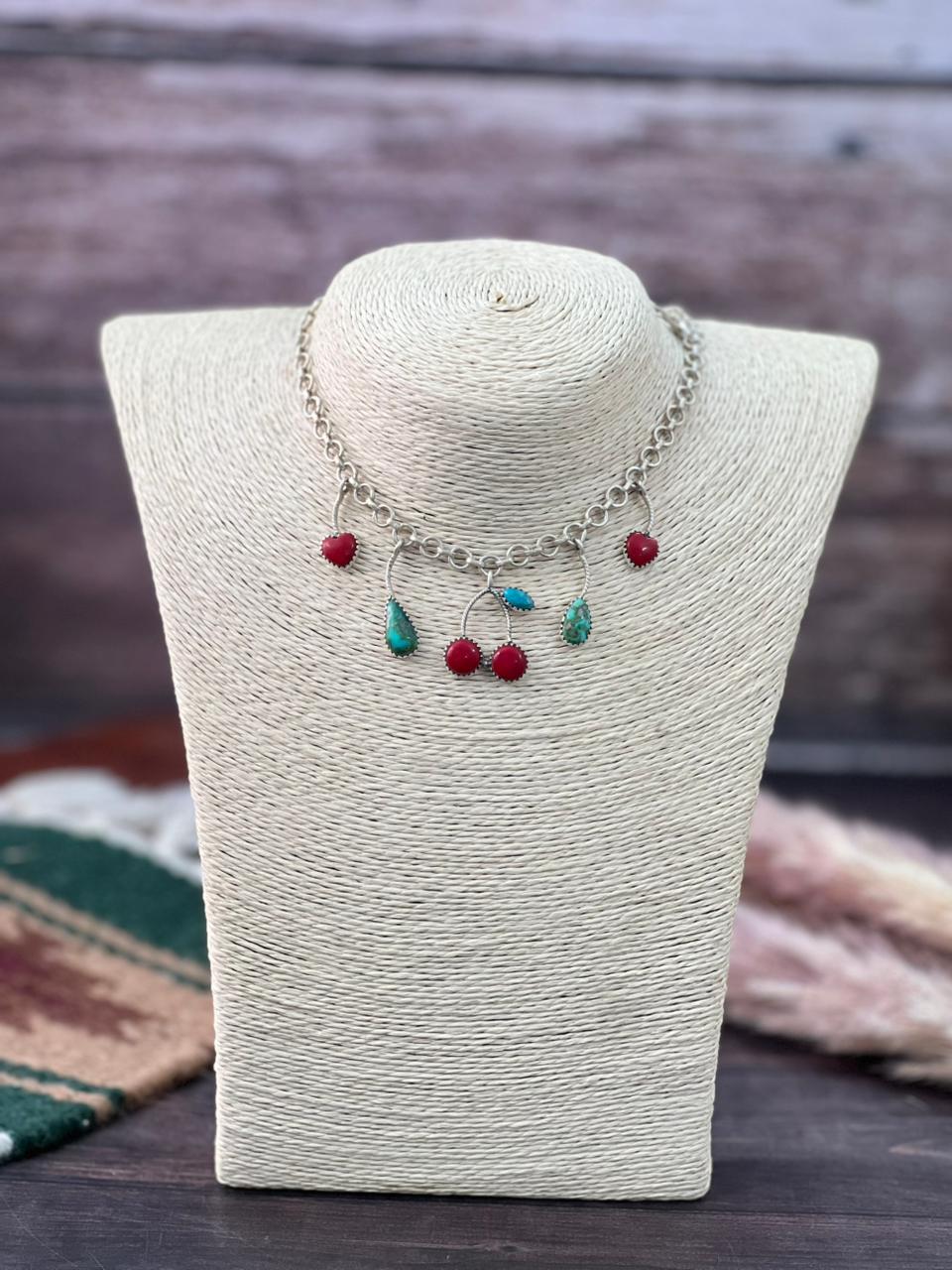 Handmade Sterling Silver Kingman with Sonoran Mountain Turquoise and Rosarita Cherry Necklace "Signed Nizhoni"