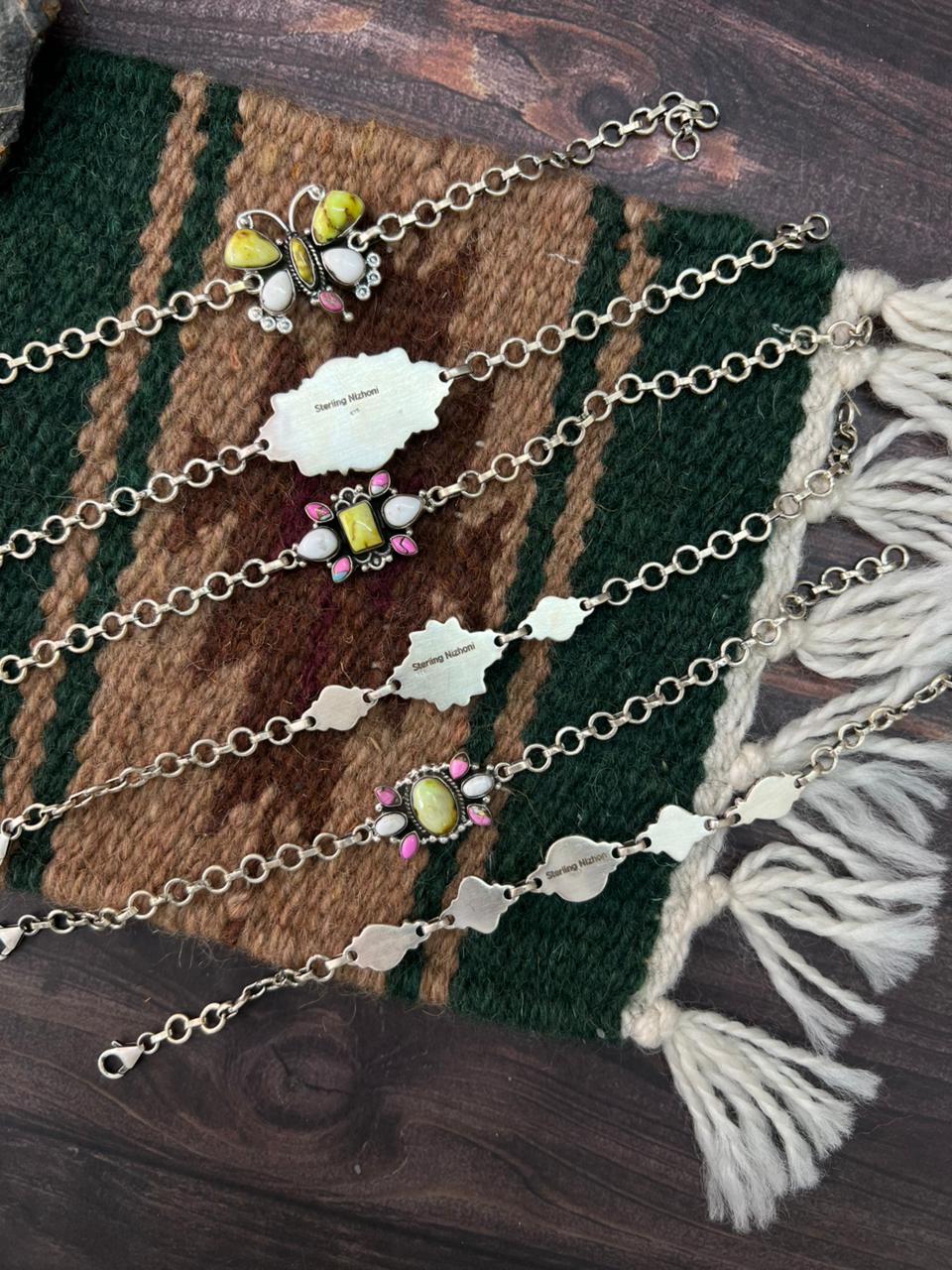 Handmade Sterling Silver Spring Collection: Palomino Turquoise with Cotton Candy and White Buffalo Chain Bracelet "Signed Nizhoni"