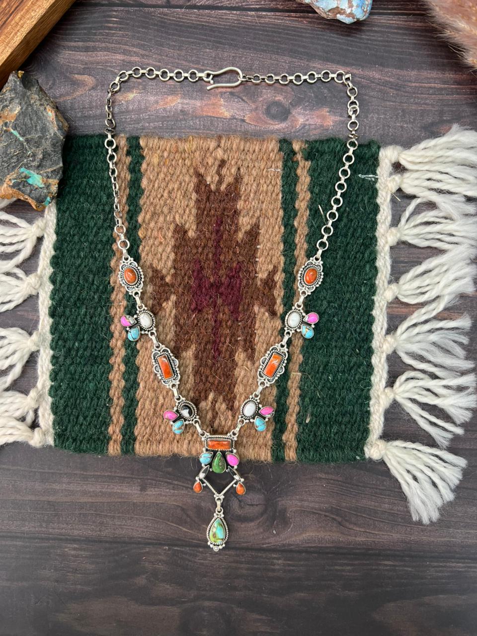 Handmade Sterling Silver Spring Collection: Sonoran Mountain with Orange Mojave, Cotton Candy and White Buffalo Necklace "Signed Nizhoni"