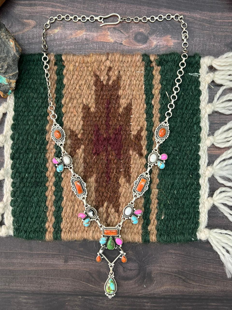 Handmade Sterling Silver Spring Collection: Sonoran Mountain with Orange Mojave, Cotton Candy and White Buffalo Necklace "Signed Nizhoni"