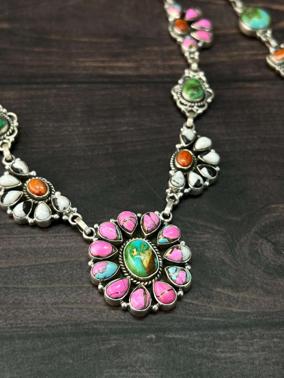 Handmade Sterling Silver Spring Collection: Sonoran Mountain with Orange Mojave, Cotton Candy and White Buffalo Necklace "Signed Nizhoni"