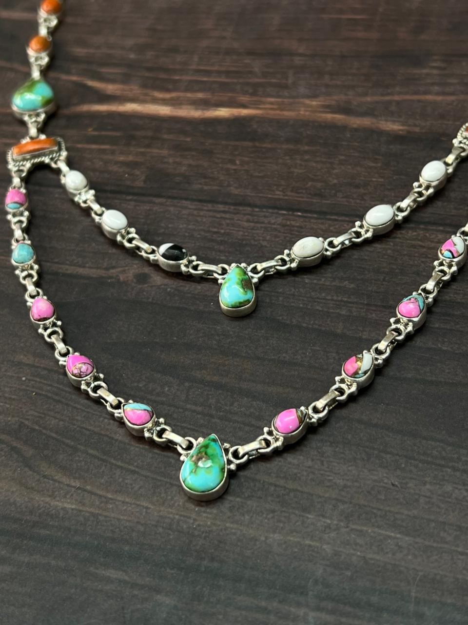 Handmade Sterling Silver Spring Collection: Sonoran Mountain with Orange Mojave, Cotton Candy and White Buffalo Necklace "Signed Nizhoni"