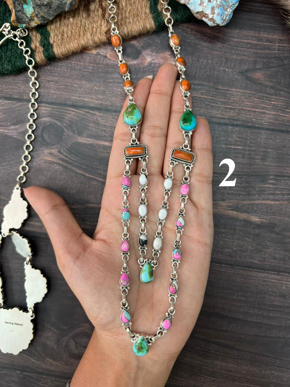 Handmade Sterling Silver Spring Collection: Sonoran Mountain with Orange Mojave, Cotton Candy and White Buffalo Necklace "Signed Nizhoni"