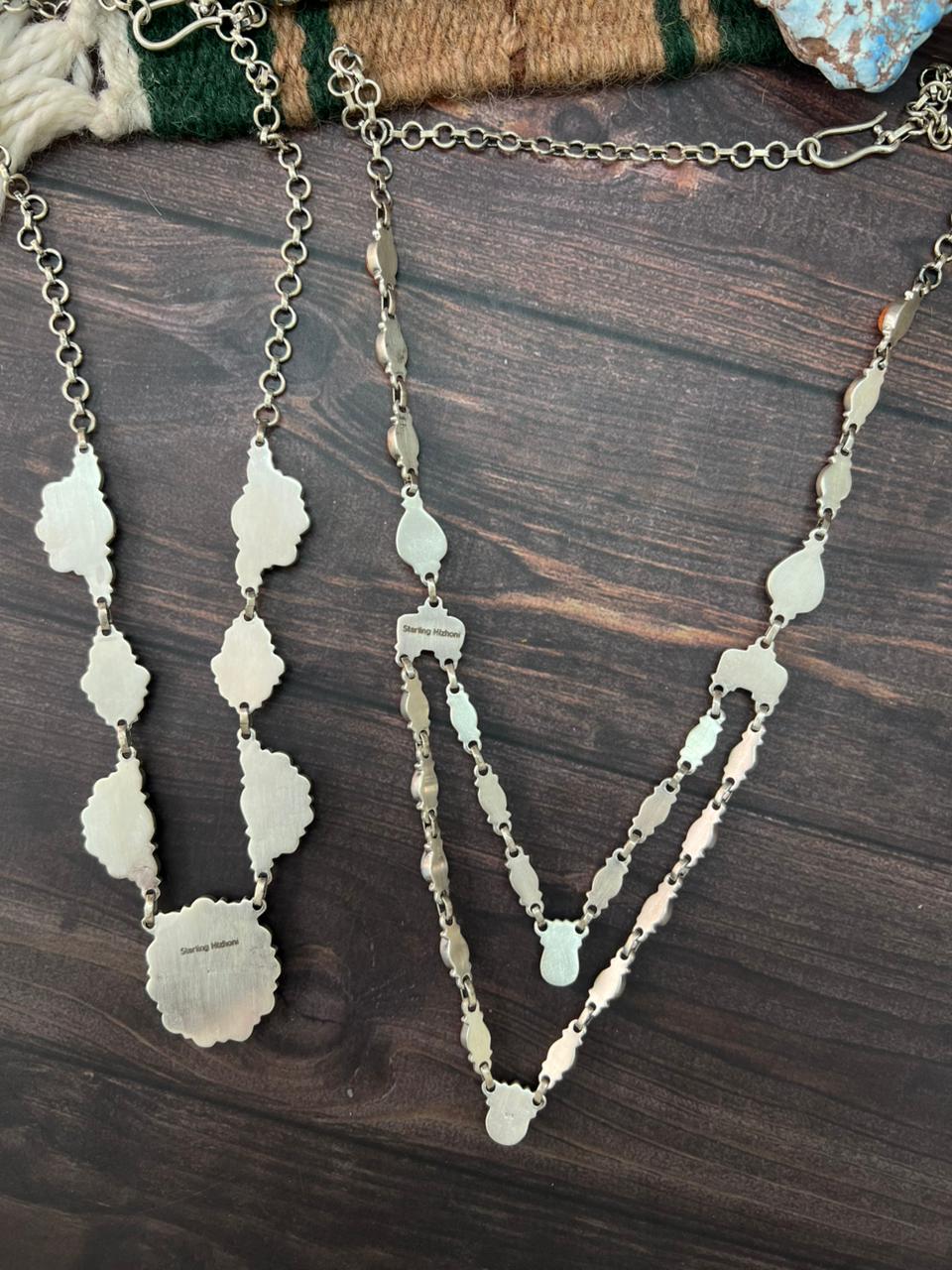 Handmade Sterling Silver Spring Collection: Sonoran Mountain with Orange Mojave, Cotton Candy and White Buffalo Necklace "Signed Nizhoni"