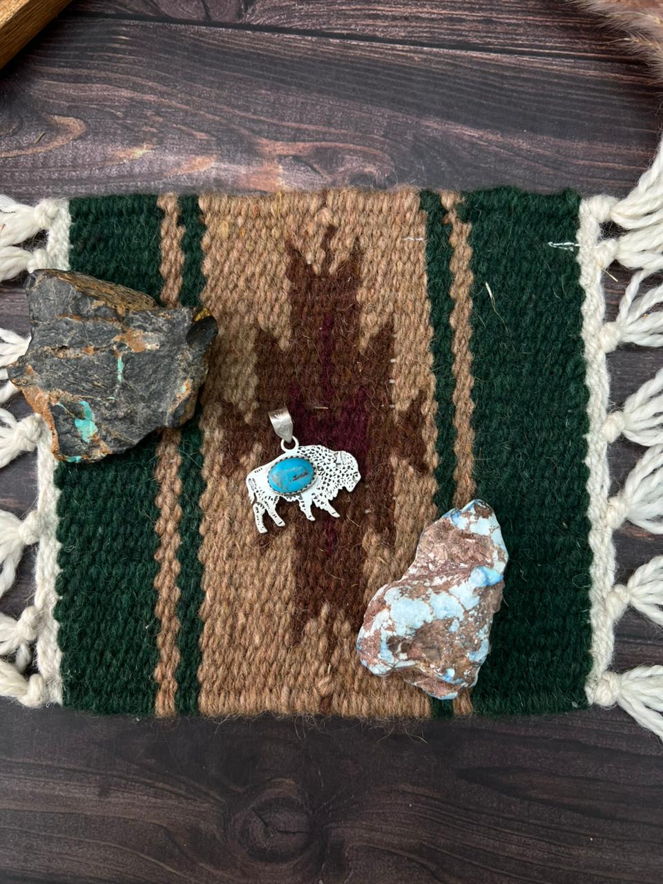 Handmade Sterling Silver Kingman Turquoise Bison Pendant "Signed Nizhoni"