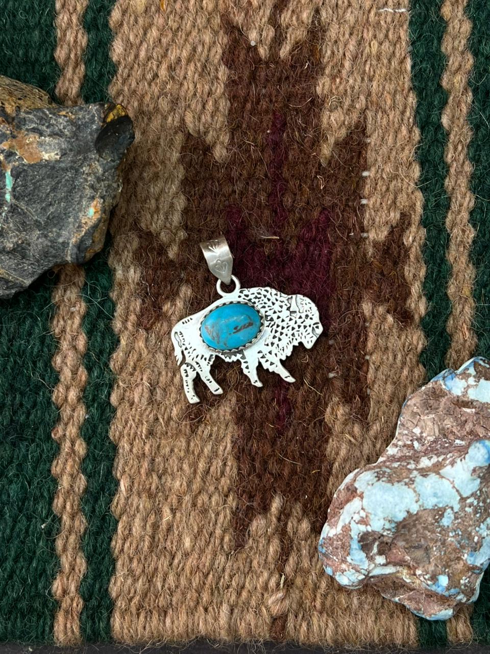 Handmade Sterling Silver Kingman Turquoise Bison Pendant "Signed Nizhoni"