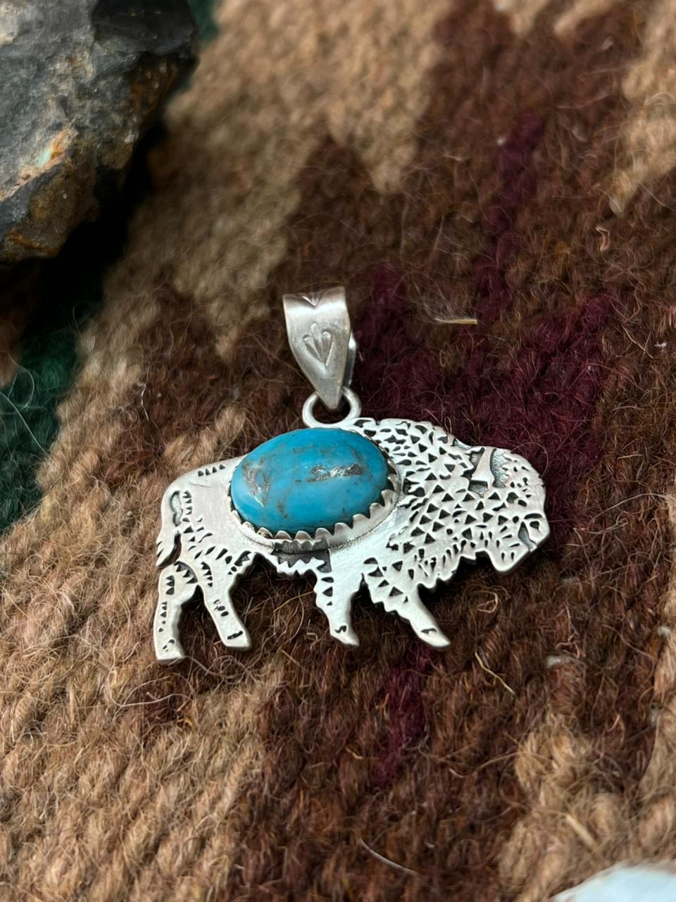 Handmade Sterling Silver Kingman Turquoise Bison Pendant "Signed Nizhoni"