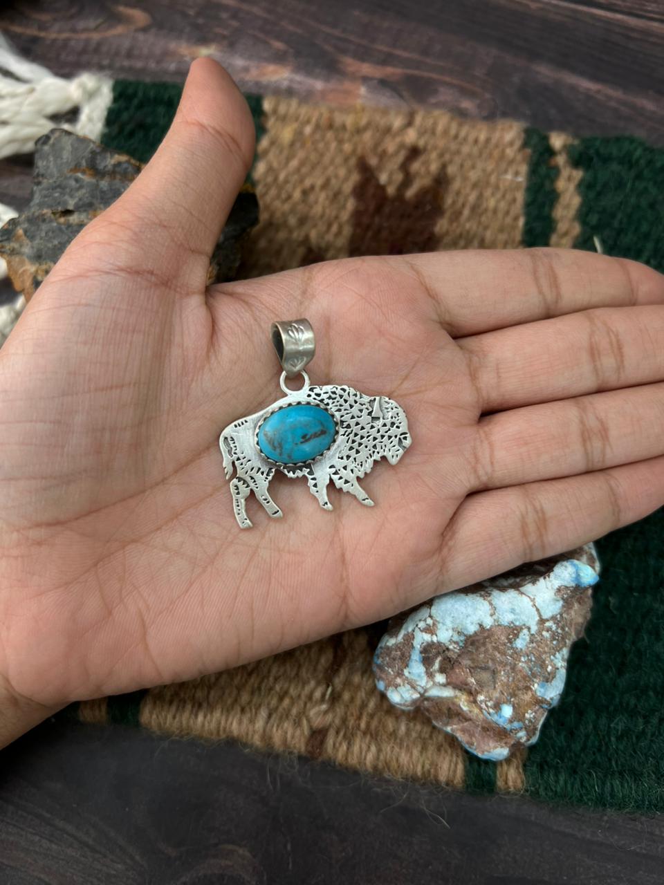 Handmade Sterling Silver Kingman Turquoise Bison Pendant "Signed Nizhoni"